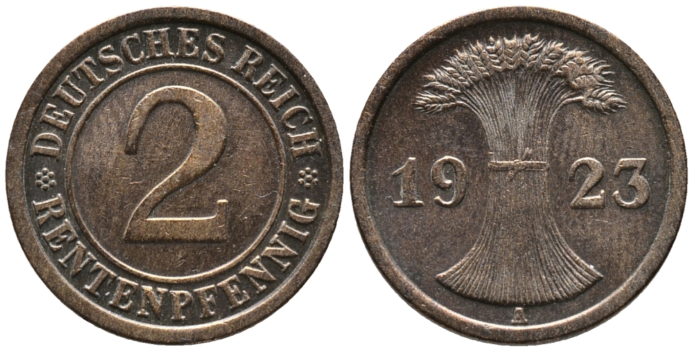ГЕРМАНИЯ 2 РЕНТЕНПФЕННИГА 1923 A KM 31, J. 307 бронза 24-426