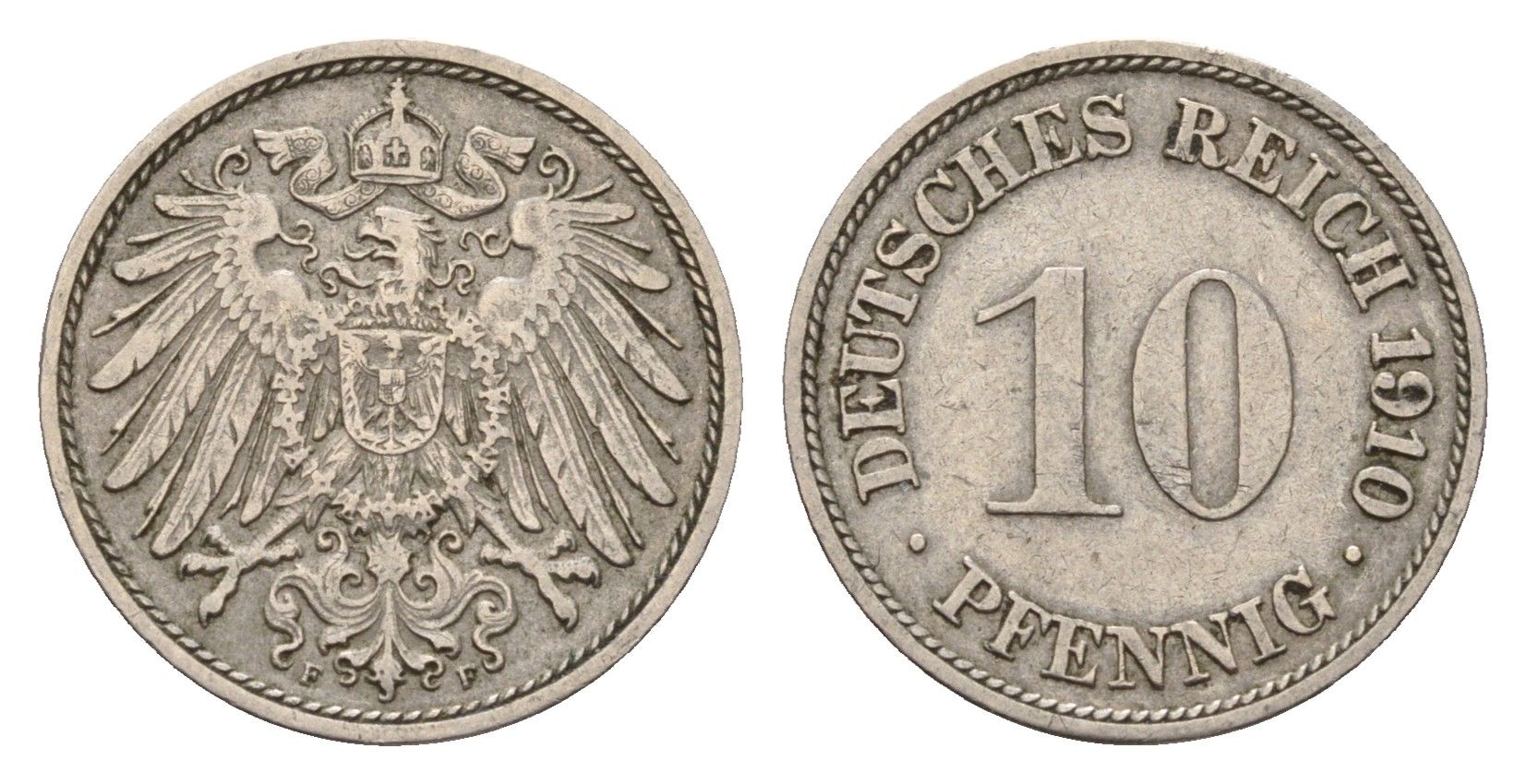 Германия 10 пфеннигов 1910 F, Вильгельм II (1888-1918) KM 12, J. 13 медно-никель 4636-919
