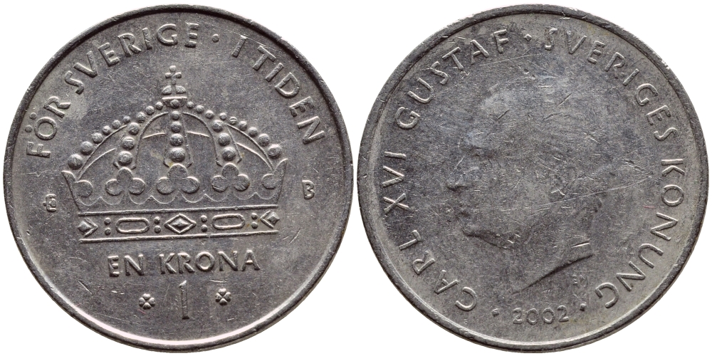 Швеция 1 крона 2002 Карл XVI Густав (1973- ) KM 894 медно-никель 4364-1036