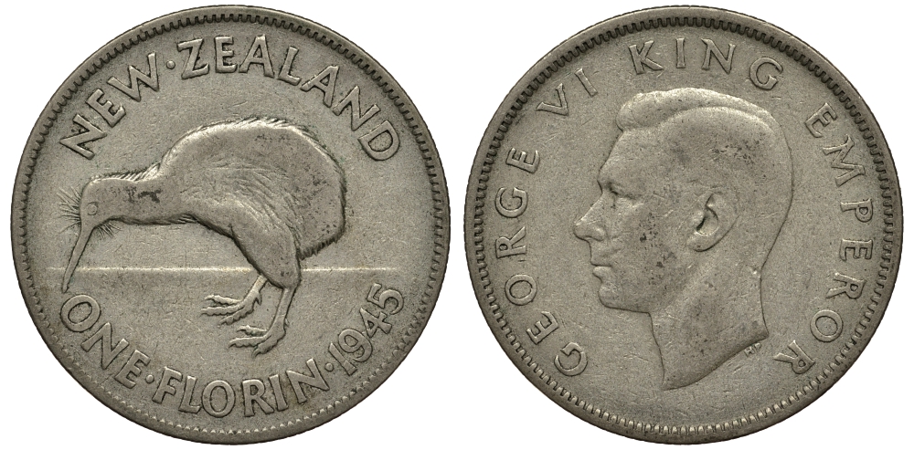 Новая Зеландия 1 флорин 1945 Георг VI (1936-1952), птичка киви KM 10.1 серебро 272-1623