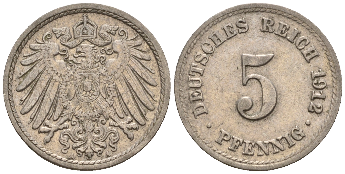 Германия 5 пфеннигов 1912 A, KM 11, J. 12 медно-никель 220-626