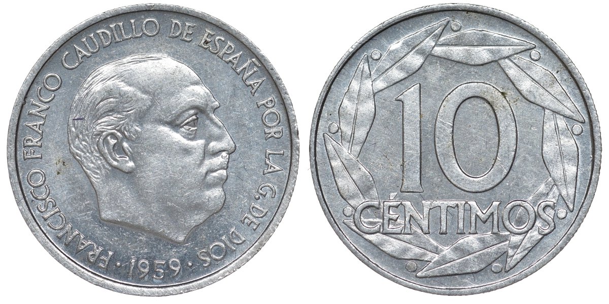 Испания 10 сентимо 1959 Франсиско Франко (1939-1975) KM 790 алюминий 4173-655