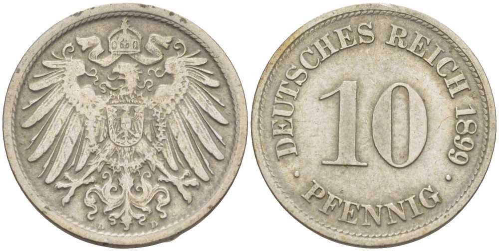 ГЕРМАНИЯ 10 ПФЕННИГОВ 1899 D KM 12, J. 13 медно-никель 4401-1046