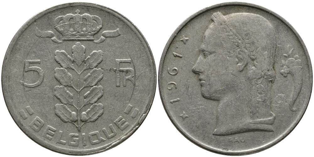 БЕЛЬГИЯ 5 ФРАНКОВ 1961 BELGIQUE KM 134.1 медно-никель 98-627