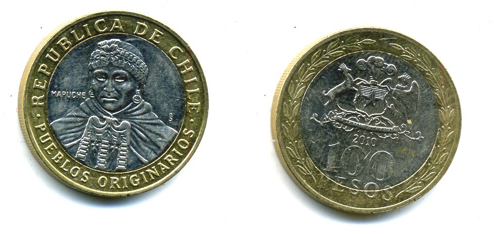 Чили 100 песо 2010 индейцы Мапуче KM 236 биметалл 41-436