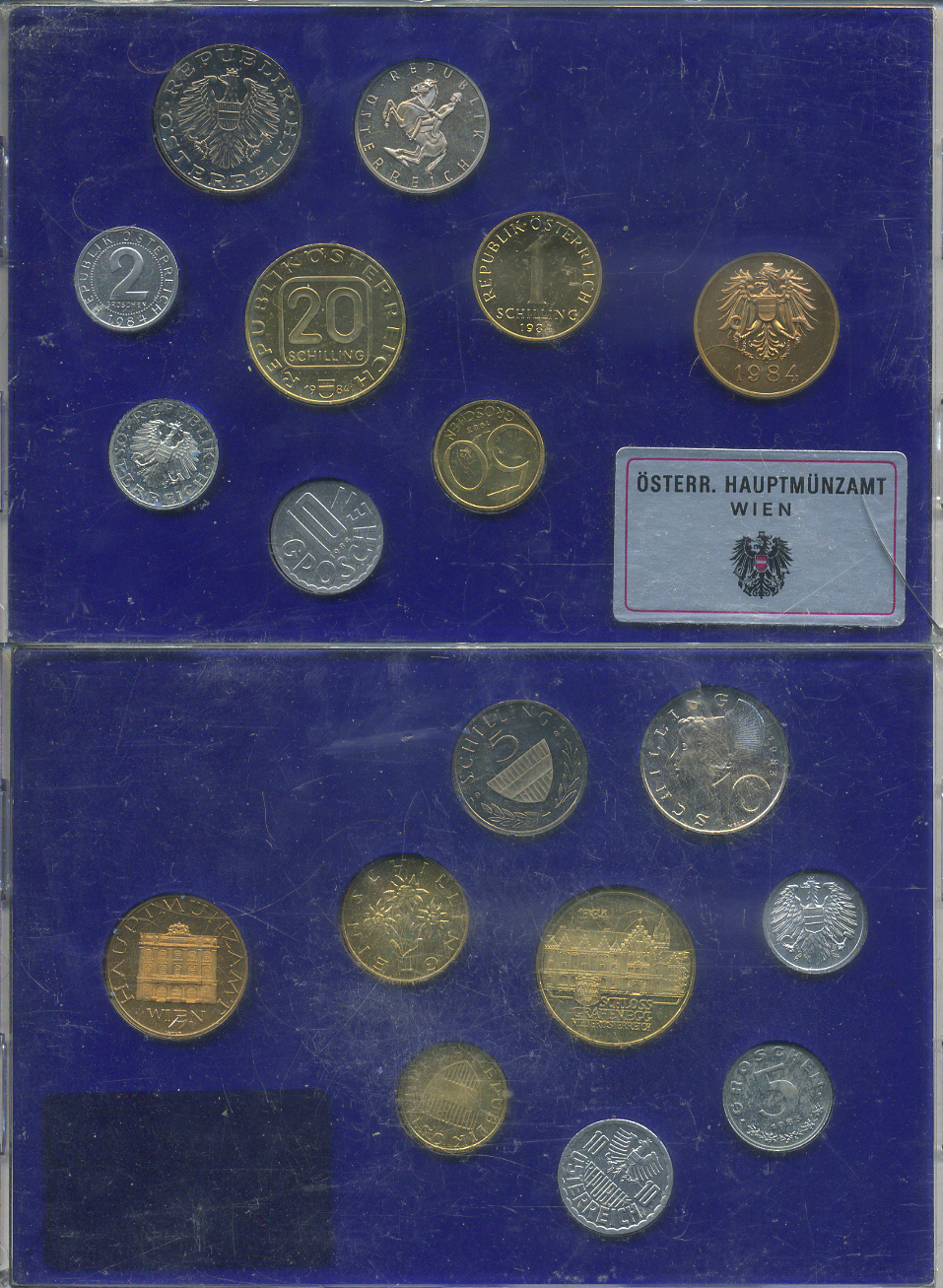 Австрия набор из 8 монет + жетон мондвора 1984 официальный набор, 2, 5, 10, 50 грошей, 1, 5, 10, 20 шиллингов, замок Графенэгг, в пластике KM PS 40 PROOF 6-6-2-6