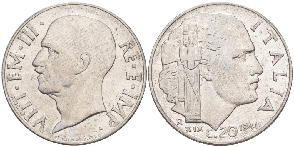 ИТАЛИЯ 20 ЧЕНТЕЗИМО 1941 R, ГОД XIX, ВИКТОР ЭММАНУИЛ III (1900-1946) KM 75b, VEM3. 1028 нержавеющая сталь 3853-734