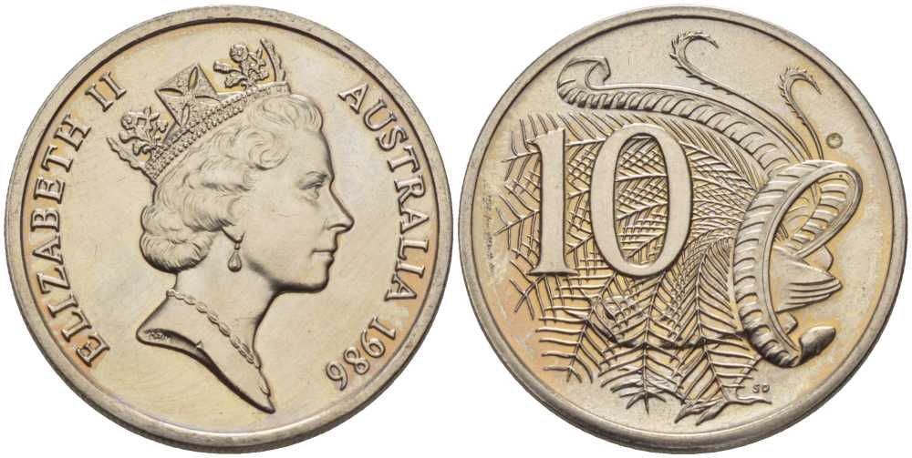 АВСТРАЛИЯ 10 ЦЕНТОВ 1986 ЕЛИЗАВЕТА II, ВТОРОЙ ПОРТРЕТ В КОРОНЕ, ПТИЦА ЛИРАХВОСТ KM 81 медно-никель UNC 4395-551