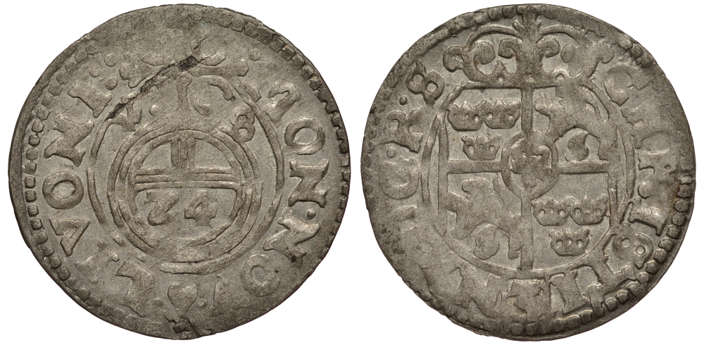 ЛИВОНИЯ, РИГА 1/24 ТАЛЕРА 1648 ШВЕДСКАЯ ОККУПАЦИЯ, КРИСТИНА (1632-1654), ВЕС 0,89 ГР. KM 3 серебро 1516-612