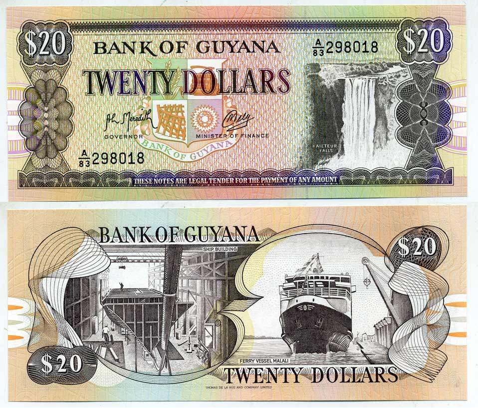 ГАЙАНА 20 ДОЛЛАРОВ 1989 ПОДПИСЬ 9, ВОДОПАД КАЙЕТУР, ПОРТ, КОРАБЛЬ Pick 27 бумага UNC (ПРЕСС) 3295-15-1