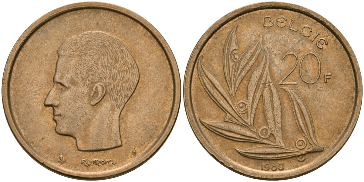 Бельгия 20 франков 1980 Belgie KM 160 никель бронза 4120-1125