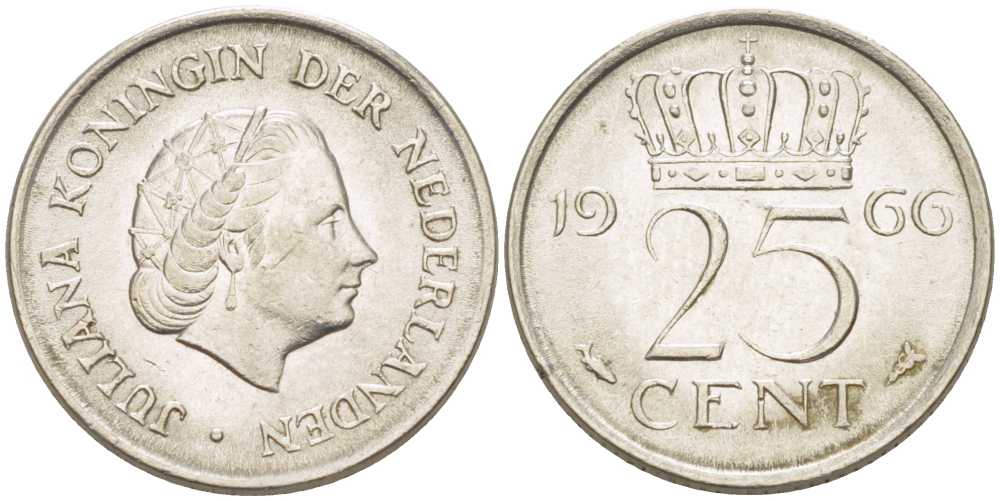 Нидерланды 25 центов 1966 Юлиана (1949-1980) KM 183 никель 214-945