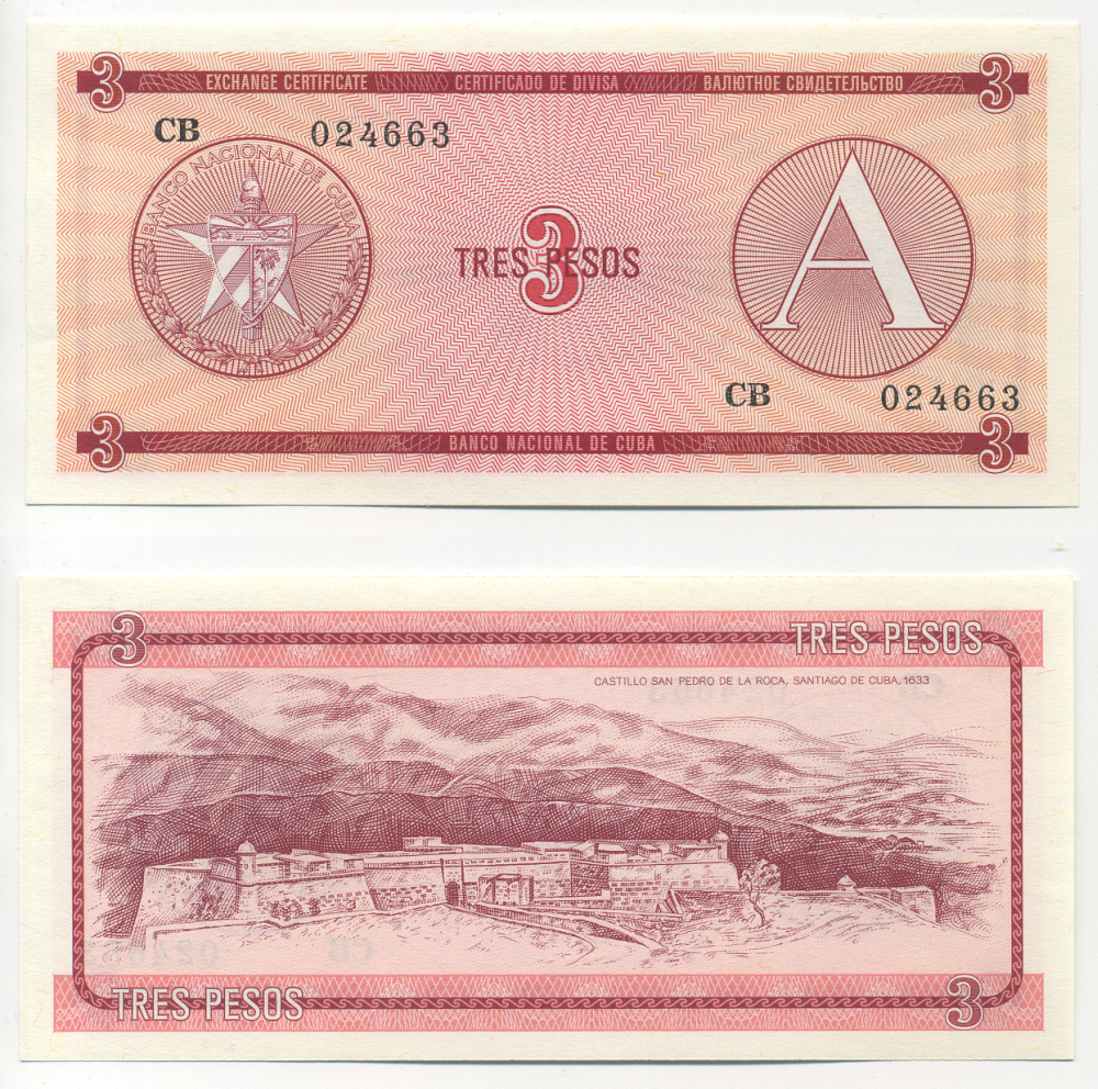 Куба, валютный сертификат 3 песо ND (1985) серия A, красная Pick FX2 бумага UNC (пресс) 448-14-2