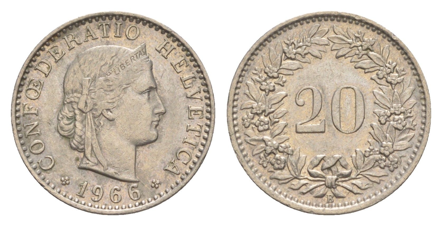 Швейцария 20 раппенов 1966 B KM 29a медно-никель 4625-1153