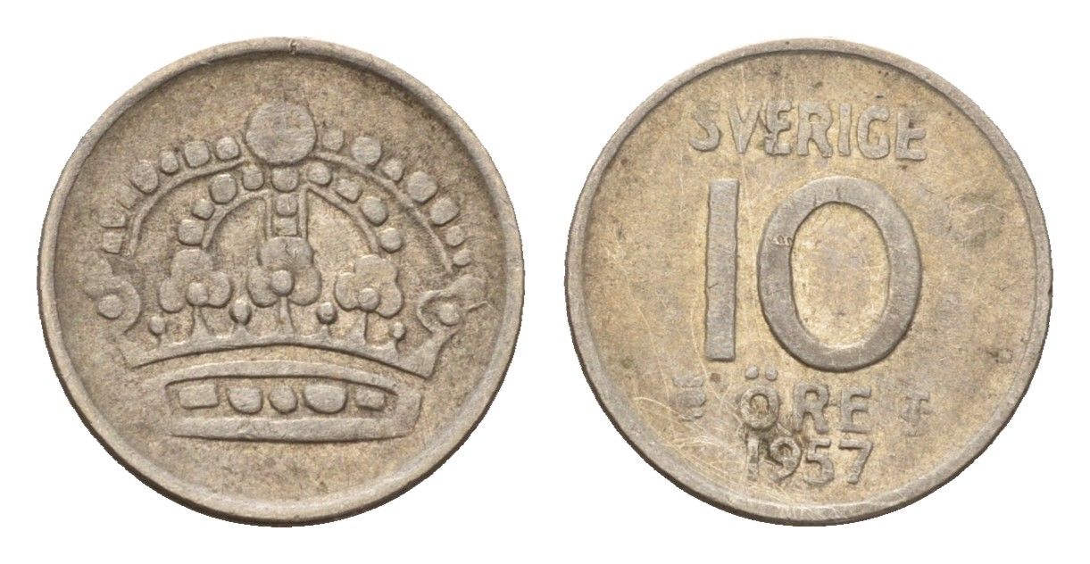 Швеция 10 эре 1957 TS, Густав VI Адольф (1950-1973) KM 823 серебро 116-814