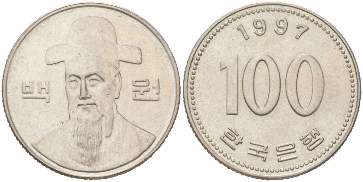 Южная Корея 100 вон 1997 Ли-Сунсин, корейский флотоводец KM 35.2 медно-никель 4135-1211