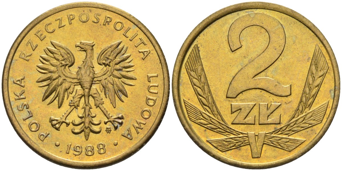 Польша 2 злотых 1988 MW KM 80.2, Parchimowicz 218c латунь UNC 4580-761
