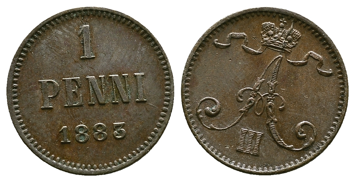 РОССИЯ ДЛЯ ФИНЛЯНДИИ 1 ПЕННИ 1883 АЛЕКСАНДР III KM 10, Биткин 251 медь 4383-435