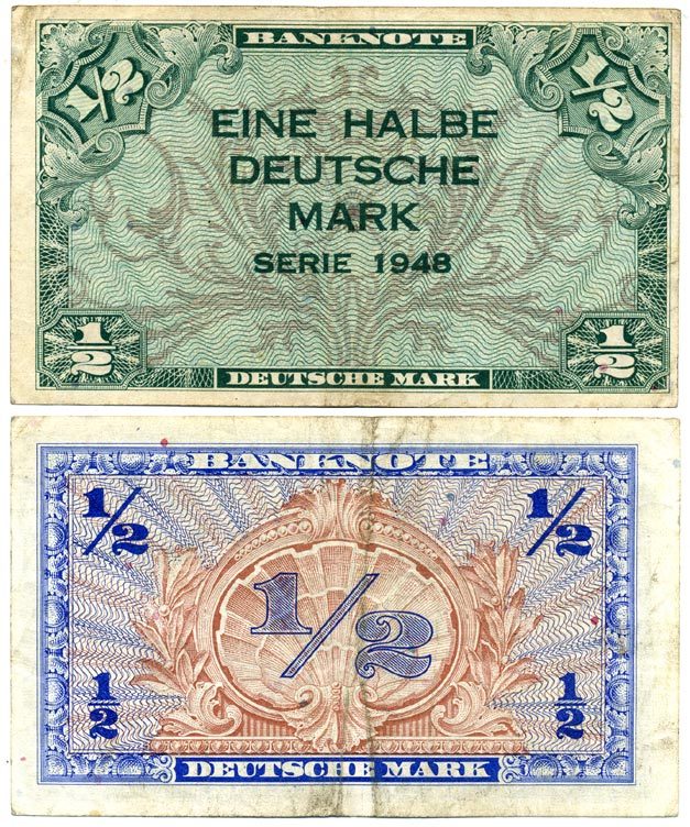 ФРГ 1/2 марки 1948 первый послевоенный выпуск Pick 1a бумага 7217-99-2-2