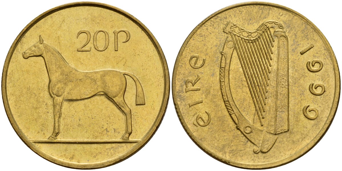 Ирландия 20 пенсов 1999 лошадь KM 25 никель бронза 4140-345