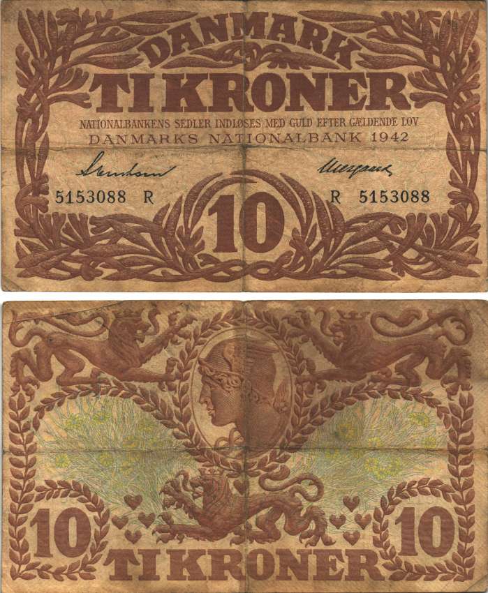 Дания 10 крон 1942 серия  R Pick 31к бумага 8589-9-3-2