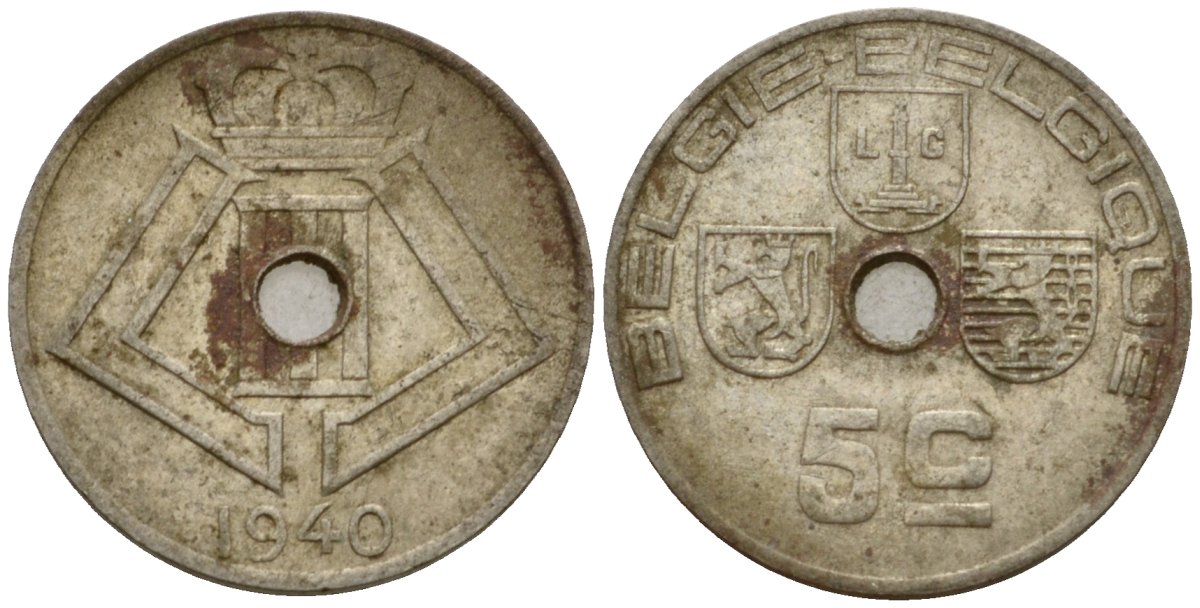 Бельгия 5 сантимов 1940 Belgie - Belgique KM 111 никель латунь 4548-1157
