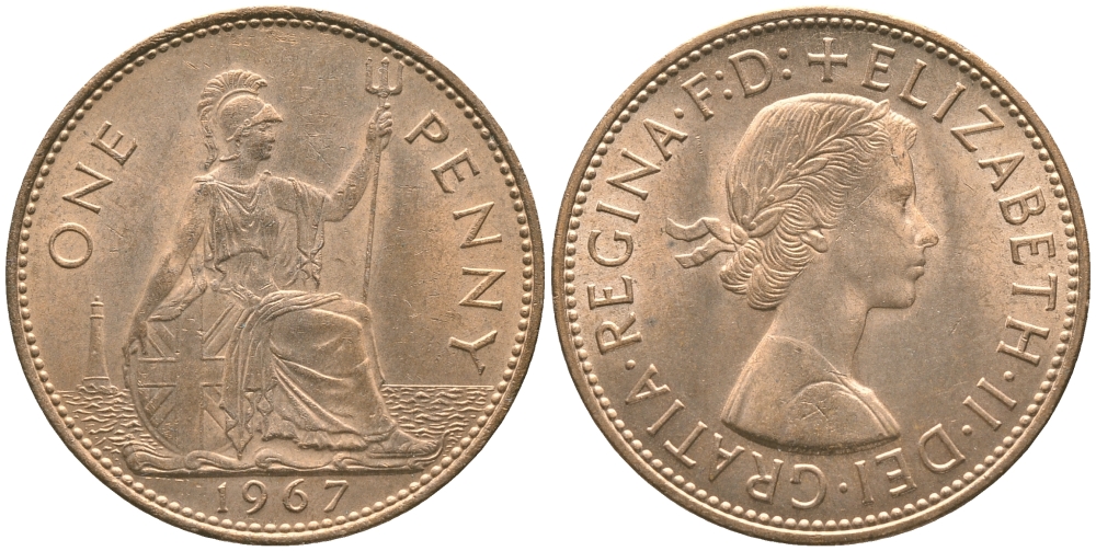 Великобритания 1 пенни 1967 Елизавета II (1952-2022) KM 897, Spink 4157 бронза 32-523