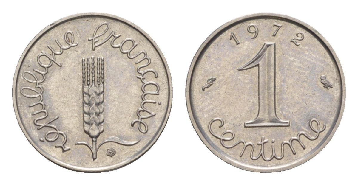 Франция 1 сантим 1972 пятая республика, редкий год, тираж - 1015000 экземпляров KM 928, Le Franc 106.22 нержавеющая сталь UNC 4630-315