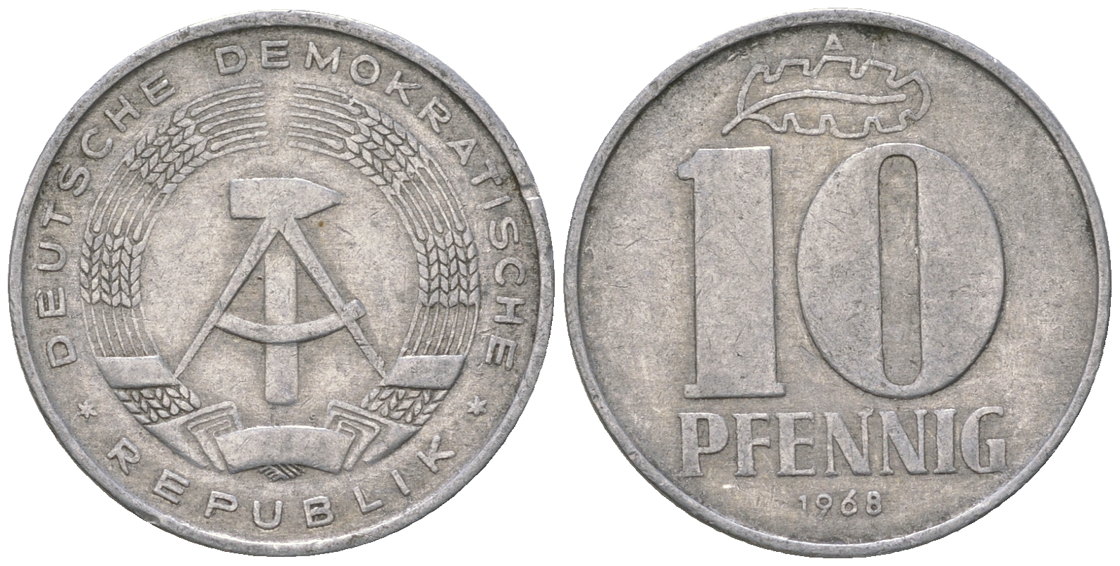 ГДР 10 пфеннигов 1968 A KM 10 алюминий 3459-625