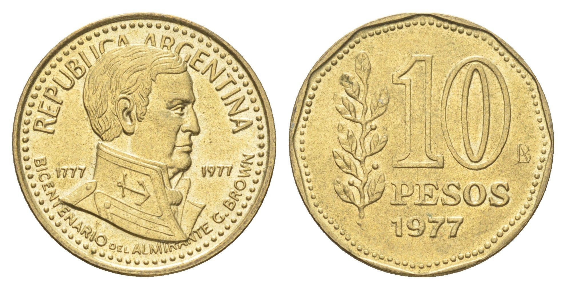 Аргентина 10 песо 1977 200 лет со дня рождения Гильермо Брауна KM 74 алюминиевая бронза UNC 4662-735