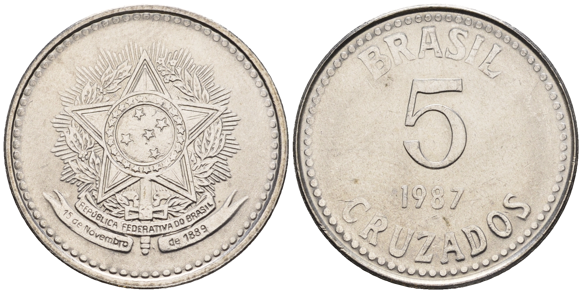 Бразилия 5 крузадо 1987 реформа (1986-1989) KM 606 нержавеющая сталь 87-536