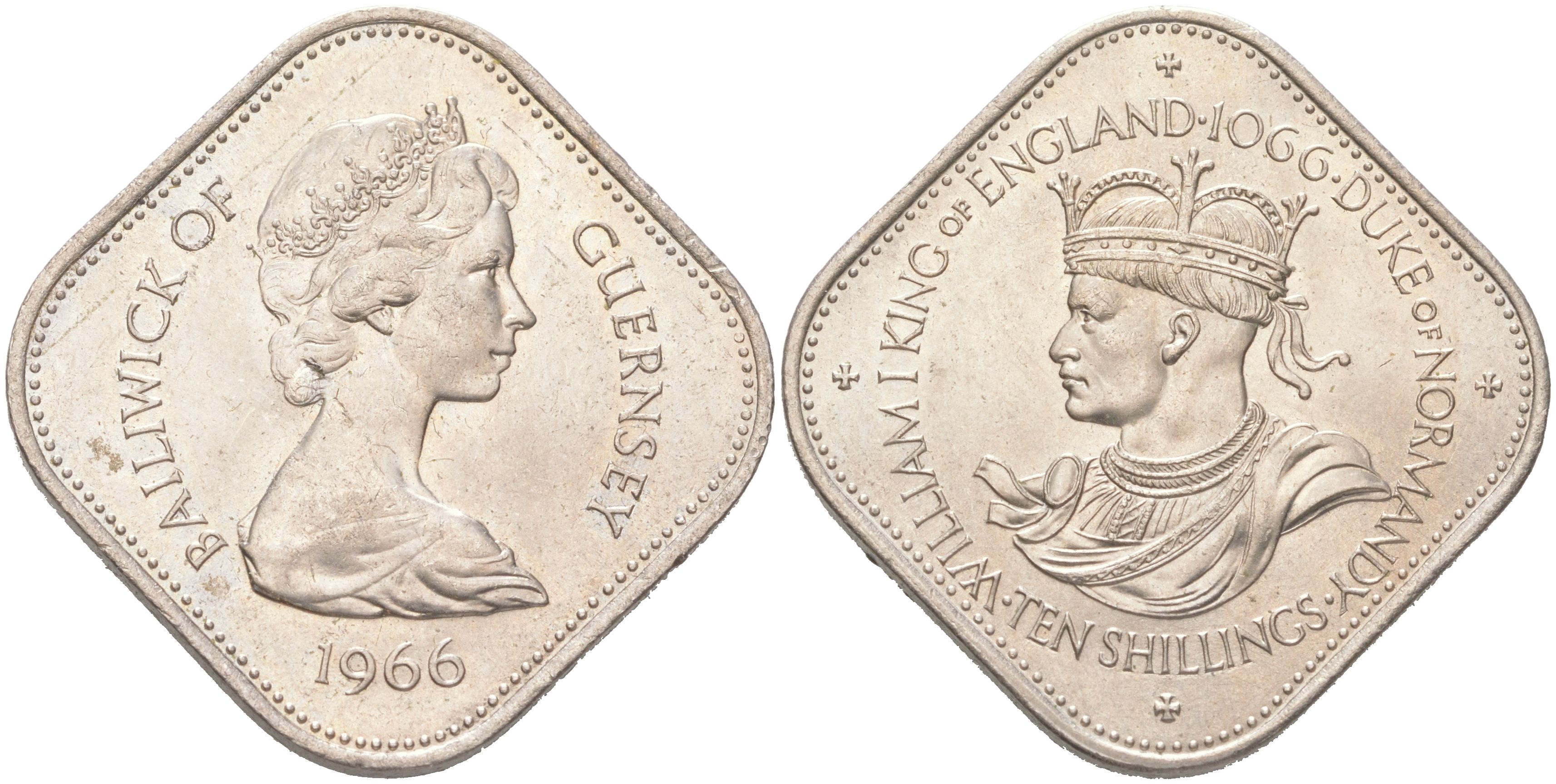 Гернси 10 шиллингов 1966 900 лет Нормандскому завоеванию KM 19 медно-никель UNC 4620-1116