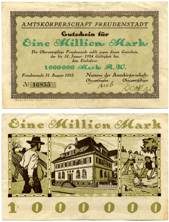 ФРОЙДЕНШТАДТ 1000000 марок (1 миллион) 1923 31 августа 1923 - 31 января 1924, нотгельд, земля Баден-ВЮРТЕМБЕРГ, AMTSKORPERSCHAFT FREUDENSTADT Keller 1610 бумага 7191-57-1-2