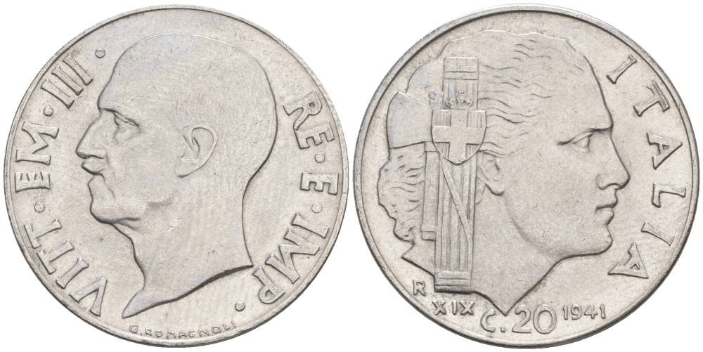 ИТАЛИЯ 20 ЧЕНТЕЗИМО 1941 R, ГОД XIX, ВИКТОР ЭММАНУИЛ III (1900-1946) KM 75b, VEM3. 1028 нержавеющая сталь 3853-827