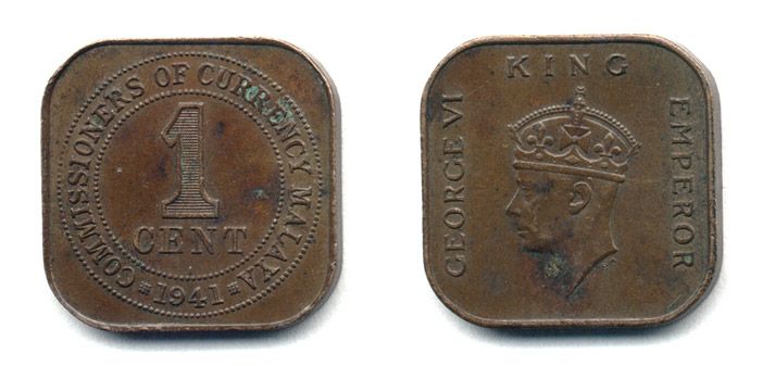 Британская Малайя 1 цент 1941 Георг VI (1937-1952) KM 2 бронза 25-445