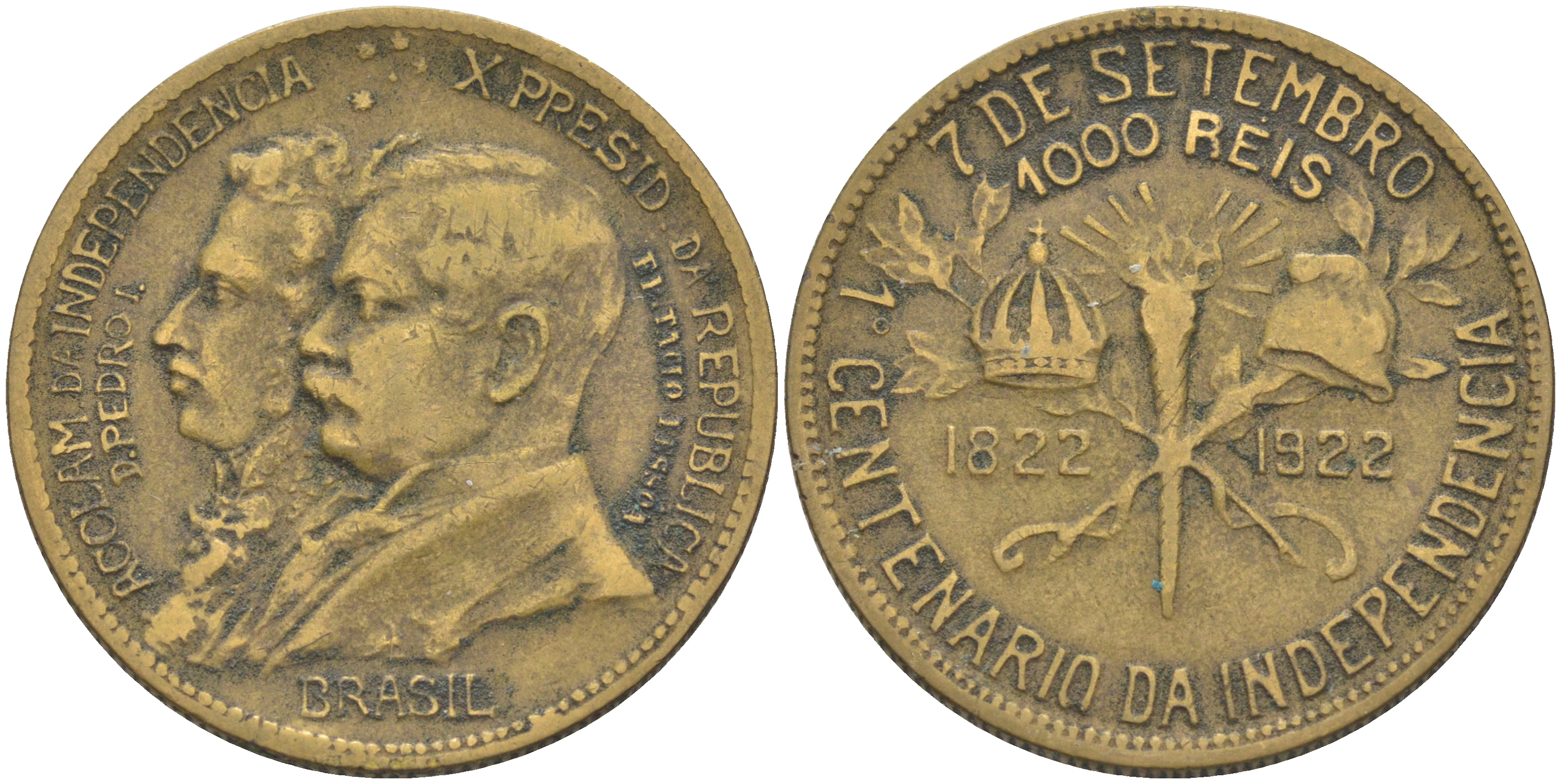 Бразилия 1000 реалов 1922 100 лет независимости Бразилии KM 522.1 алюминиевая бронза     63-234