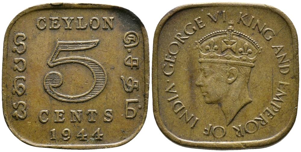 ЦЕЙЛОН 5 ЦЕНТОВ 1944 ГЕОРГ VI (1937-1952) KM 113.2 никель латунь 4549-548