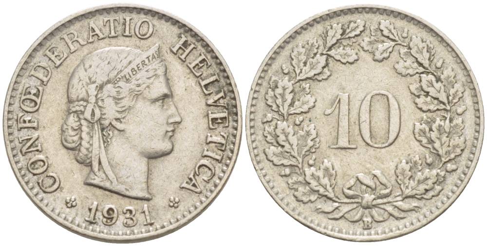 ШВЕЙЦАРИЯ 10 РАППЕНОВ 1931 В KM 27 медно-никель 216-1222