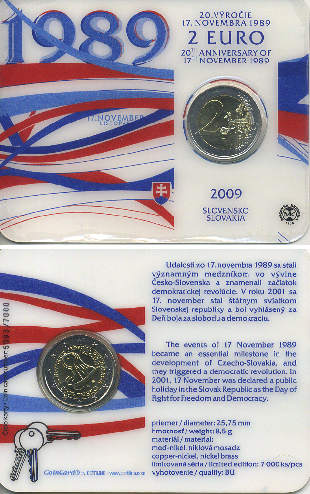 Словения 2 евро 2009 демократия, 20 лет революции 17 ноября 1989 года, тираж 7000 экз., в оригинальном буклете биметалл UNC 1-4-2-22