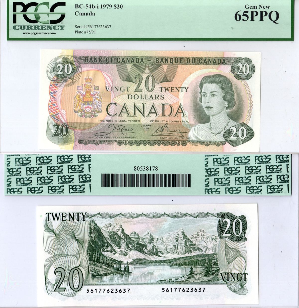 Канада 20 долларов 1979 в холдере компании PCGS. Сохранность -65, Елизавета II (1952-2022), Озеро Морейн, Скалистые горы (Альберта) Pick 93 b бумага 452-3-15