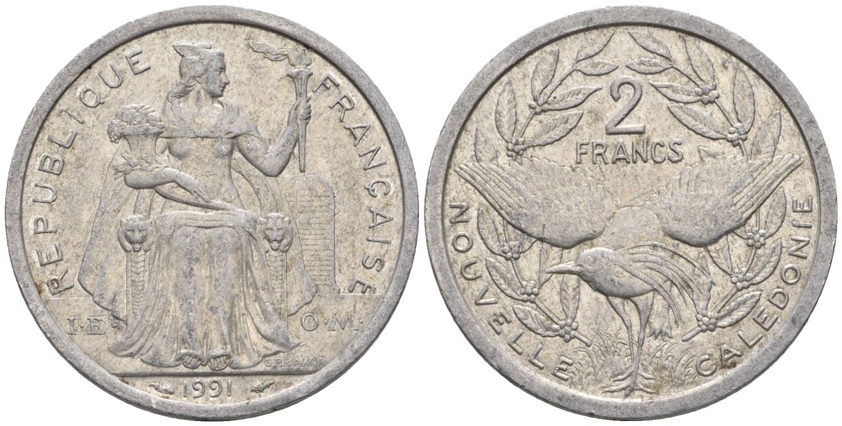Французская Новая Каледония 2 франка 1991 птица кагу, (IEOM) KM 14, Schoen 11, Lec 67 алюминий    23-651