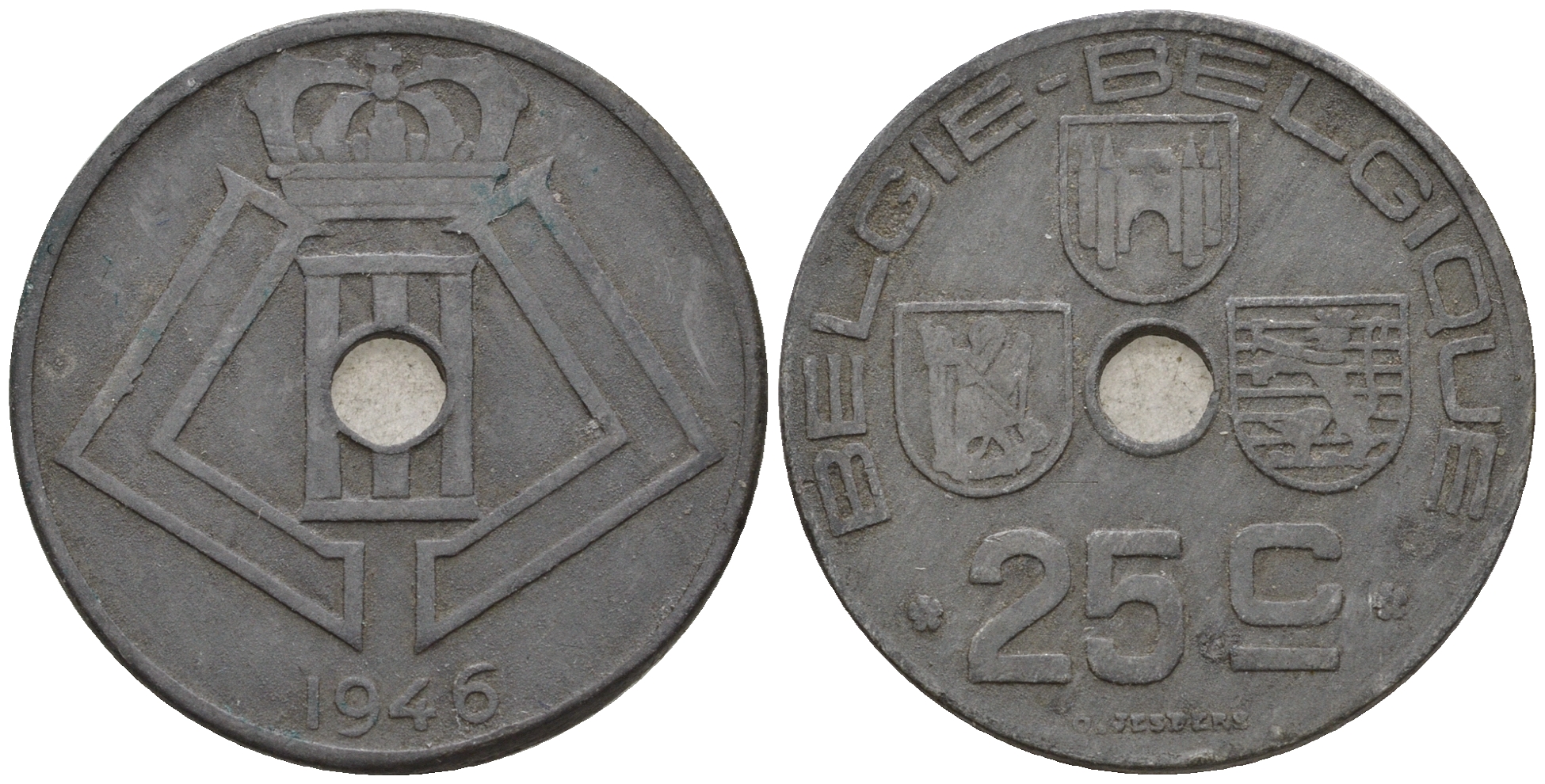Бельгия 25 сантимов 1946 Belgie - Belgique KM 132 цинк 259-1032