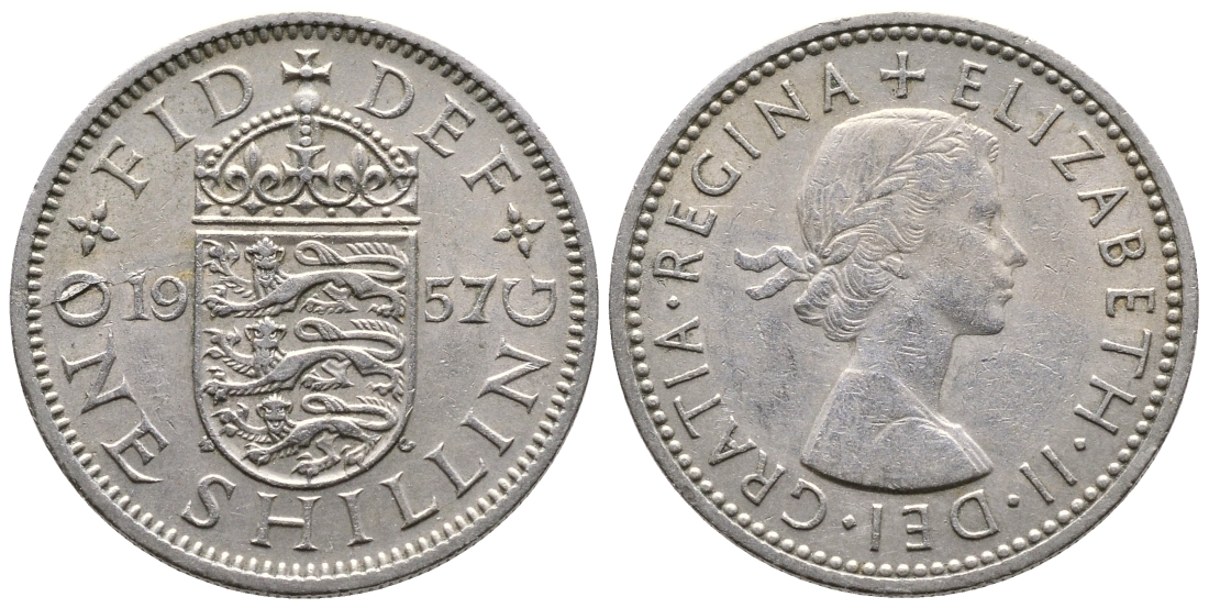 Великобритания 1 шиллинг 1957 Елизавета II (1952-2022), Английский герб KM 904, Spink 4147 медно-никель 4364-4112