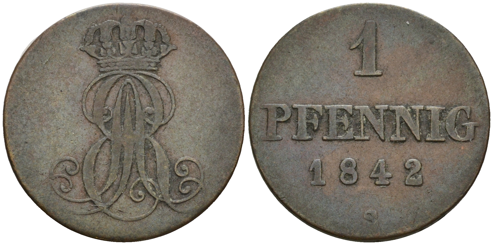 Ганновер 1 пфенниг 1842 S, Эрнст Август (1837-1851) KM 173.3, AKS 128, J. 54 медь 4608-355