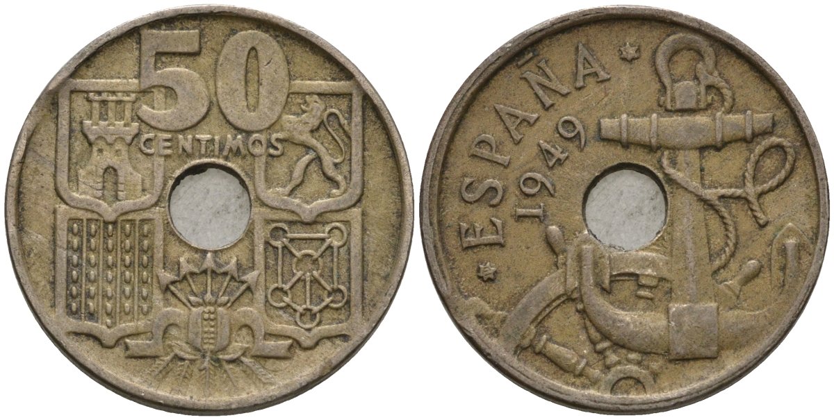 Испания 50 сентимо 1949 (?) Франсиско Франко (1939-1975) KM 777 медно-никель 4604-526