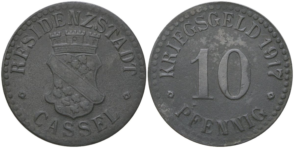 Кассель (Пруссия, Гессен-Нассау) 10 пфенингов 1917 Funck 78.4, Men05 4302.4, Men18 5464.4 железо 4175-517