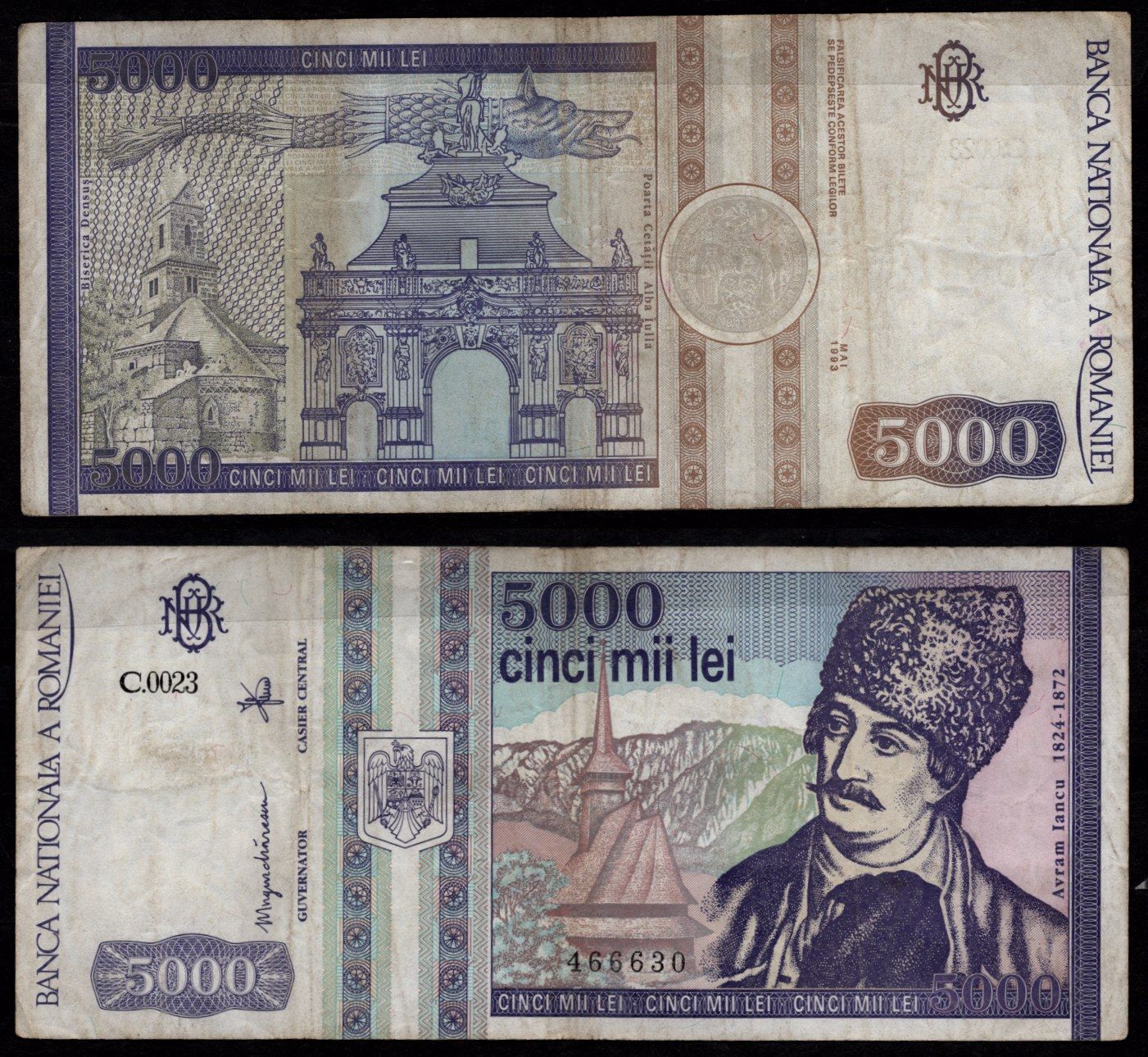 Румыния 5000 лей 1993 Аврам Янку, церковь, на обратной стороне: собор Святого Михаила (Алба-Юлия) Pick 104 a бумага 7523-38-2-1