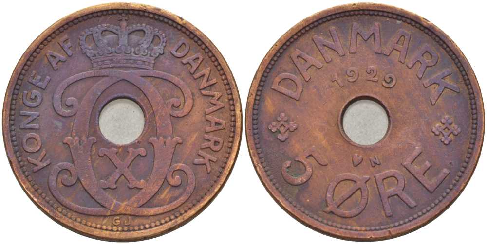 ДАНИЯ 5 ЭРЕ 1929 N ; GJ, КРИСТИАН X (1912-1947), ПАТИНА KM 828.2 бронза 38-246