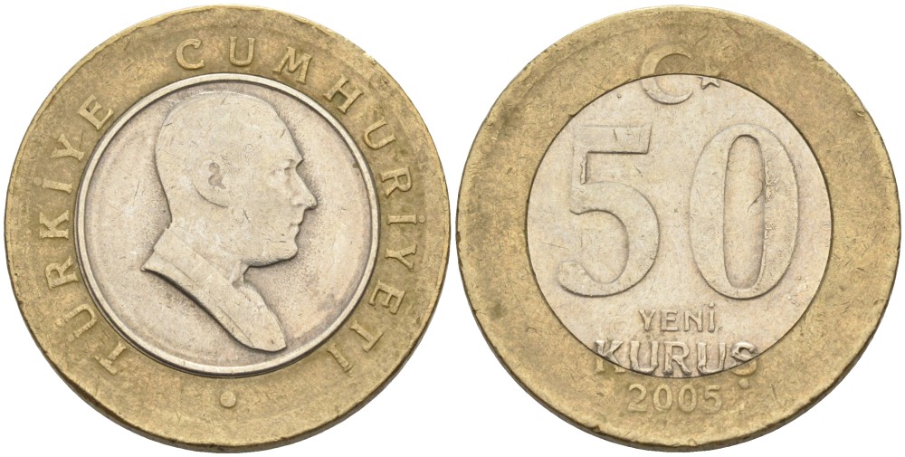 Турция 50 курушей 2005 Кемаль Ататюрк KM 1168 биметалл 4561-112