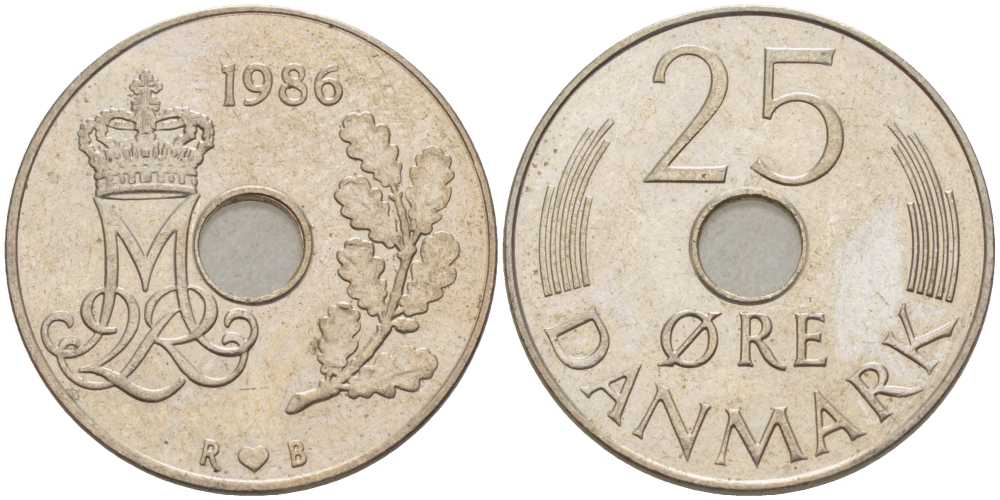 ДАНИЯ 25 ЭРЕ 1986 R; B, МАРГРЕТЕ II (1972-) KM 861.3 медно-никель 94-1021